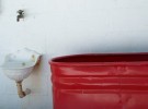 red trough, spigot, drinking fountain